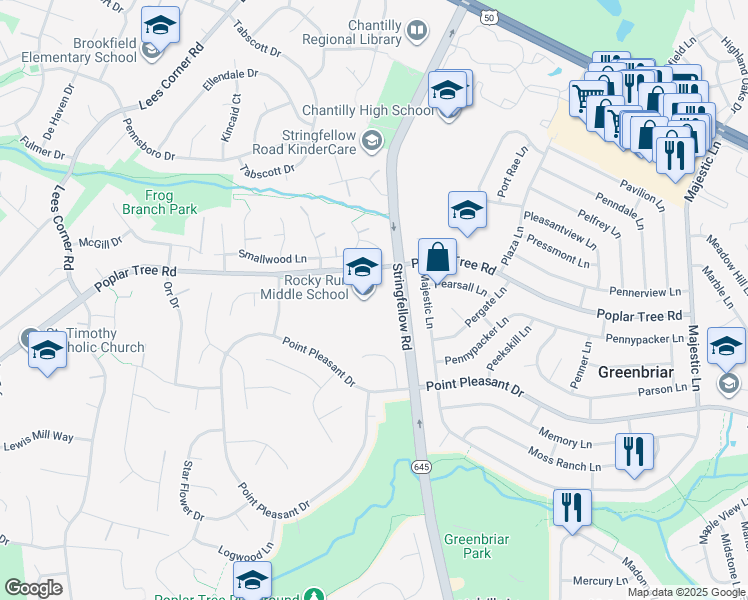 map of restaurants, bars, coffee shops, grocery stores, and more near 4400 Stringfellow Road in Chantilly