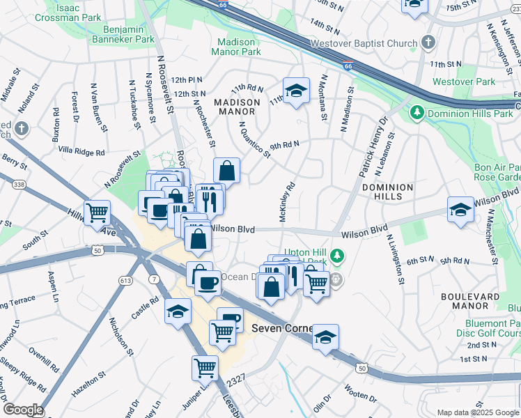 map of restaurants, bars, coffee shops, grocery stores, and more near 6200 Wilson Boulevard in Falls Church