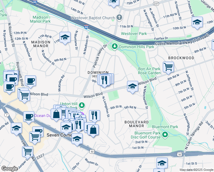 map of restaurants, bars, coffee shops, grocery stores, and more near 6030 9th Street North in Arlington
