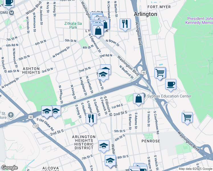 map of restaurants, bars, coffee shops, grocery stores, and more near 2803 Arlington Boulevard in Arlington