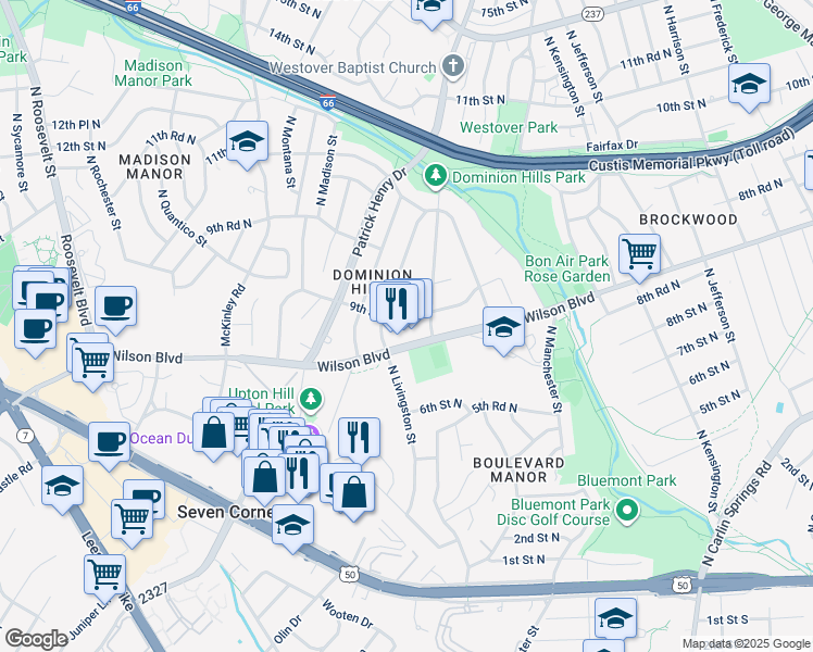 map of restaurants, bars, coffee shops, grocery stores, and more near 6030 9th Street North in Arlington