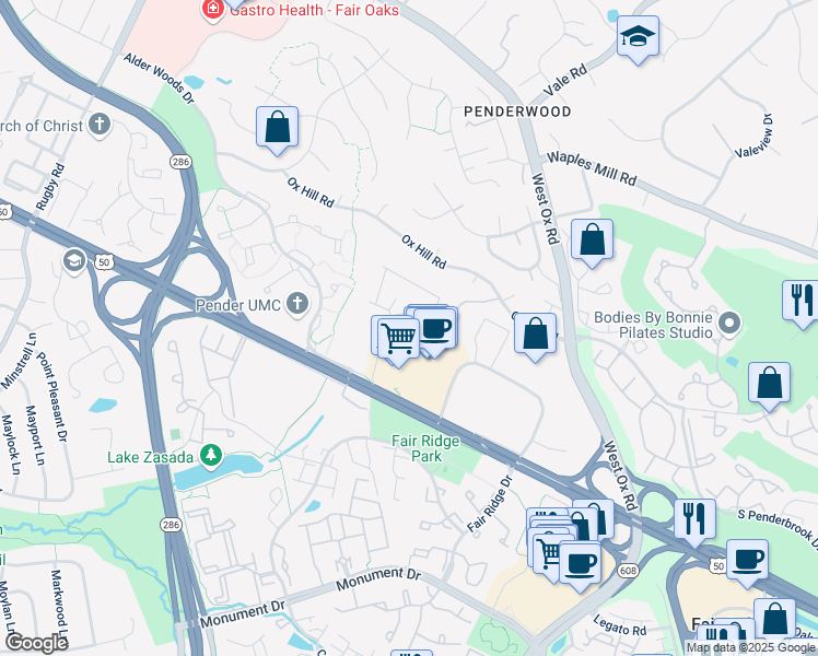 map of restaurants, bars, coffee shops, grocery stores, and more near 3927 Fair Ridge Drive in Fairfax