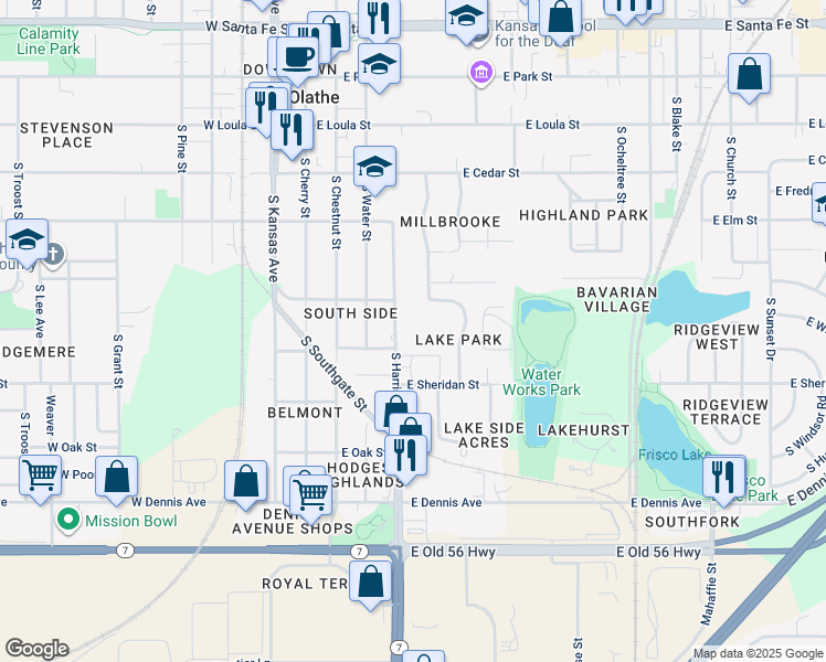 map of restaurants, bars, coffee shops, grocery stores, and more near 520 South Harrison Street in Olathe