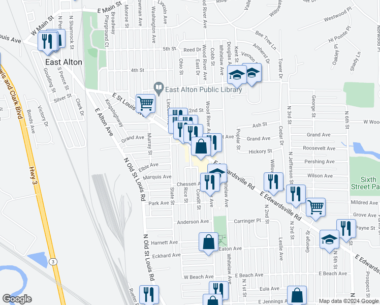 map of restaurants, bars, coffee shops, grocery stores, and more near 875 Haller Street in Wood River