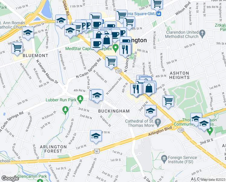 map of restaurants, bars, coffee shops, grocery stores, and more near 434 North Thomas Street in Arlington