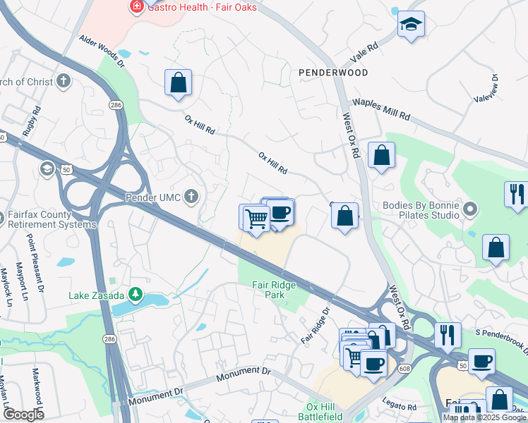 map of restaurants, bars, coffee shops, grocery stores, and more near 3927 Fair Ridge Drive in Fairfax