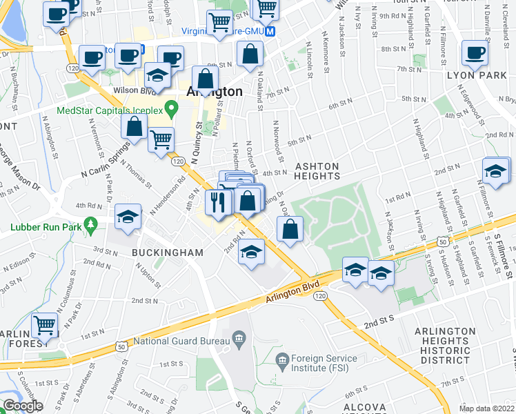 map of restaurants, bars, coffee shops, grocery stores, and more near North Pershing Drive & Piedmont Street in Arlington