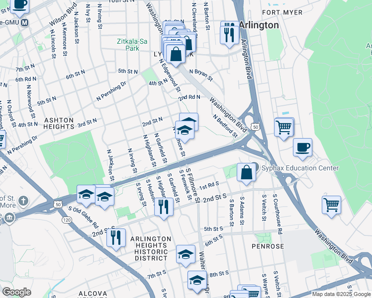 map of restaurants, bars, coffee shops, grocery stores, and more near 2807 Arlington Boulevard in Arlington