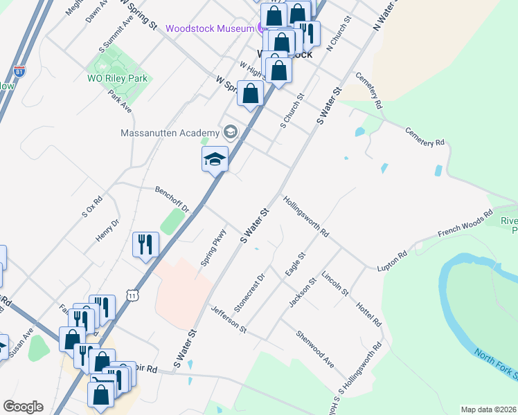 map of restaurants, bars, coffee shops, grocery stores, and more near 624 South Water Street in Woodstock