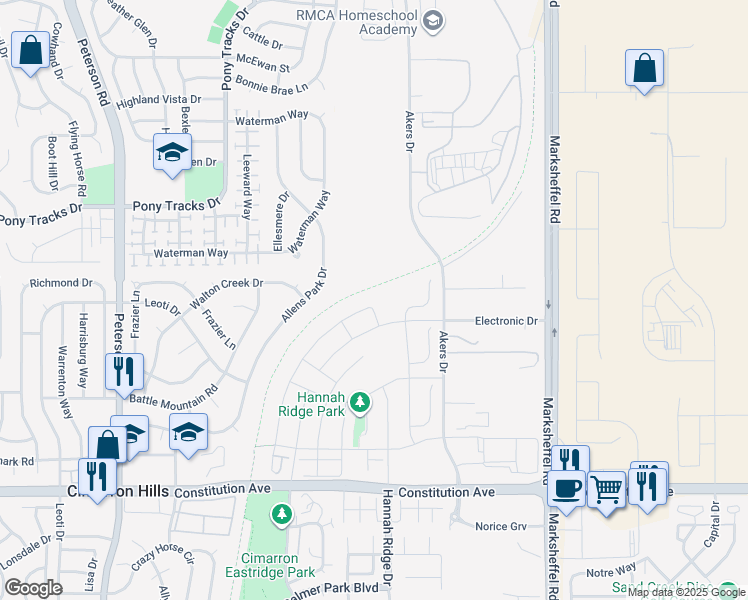 map of restaurants, bars, coffee shops, grocery stores, and more near 2830 Akers Drive in Colorado Springs