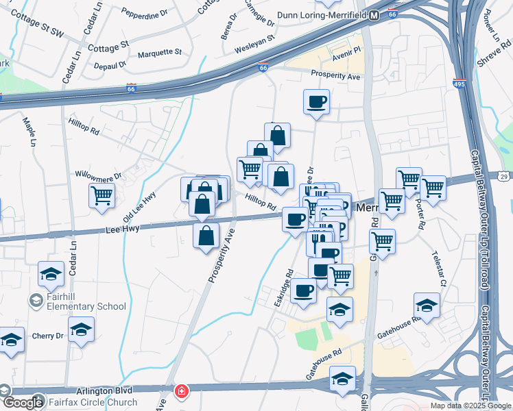 map of restaurants, bars, coffee shops, grocery stores, and more near 8320 Lee Highway in Fairfax