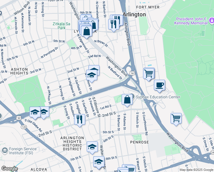 map of restaurants, bars, coffee shops, grocery stores, and more near 2603 Arlington Boulevard in Arlington