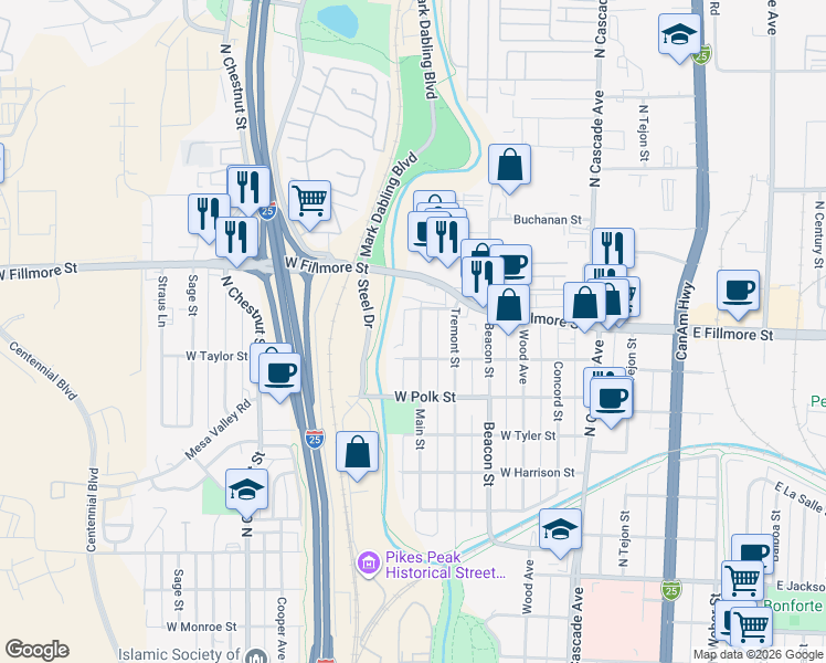 map of restaurants, bars, coffee shops, grocery stores, and more near 2926 Main Street in Colorado Springs
