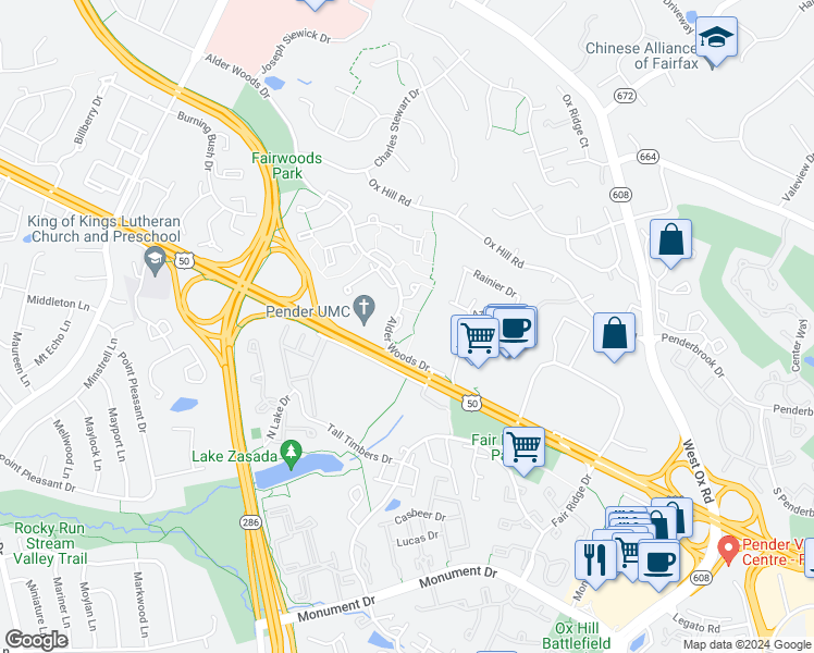 map of restaurants, bars, coffee shops, grocery stores, and more near 3963 Acorn Ridge Court in Fairfax