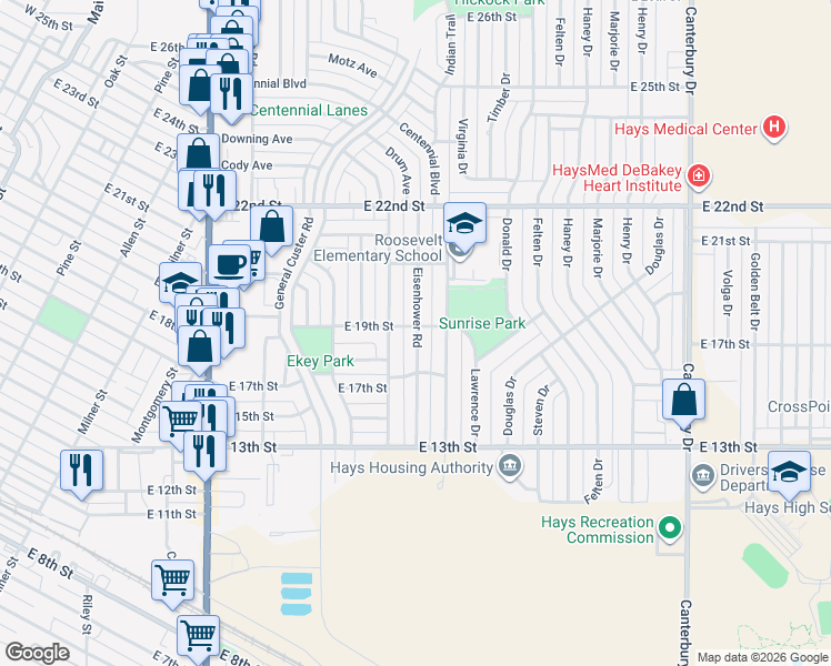 map of restaurants, bars, coffee shops, grocery stores, and more near 1410 East 19th Street in Hays