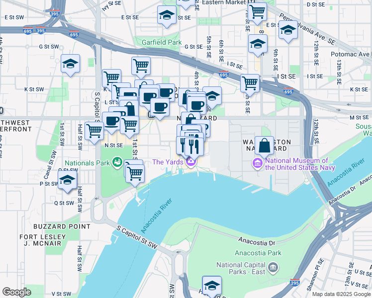 map of restaurants, bars, coffee shops, grocery stores, and more near 301 Tingey Street Southeast in Washington