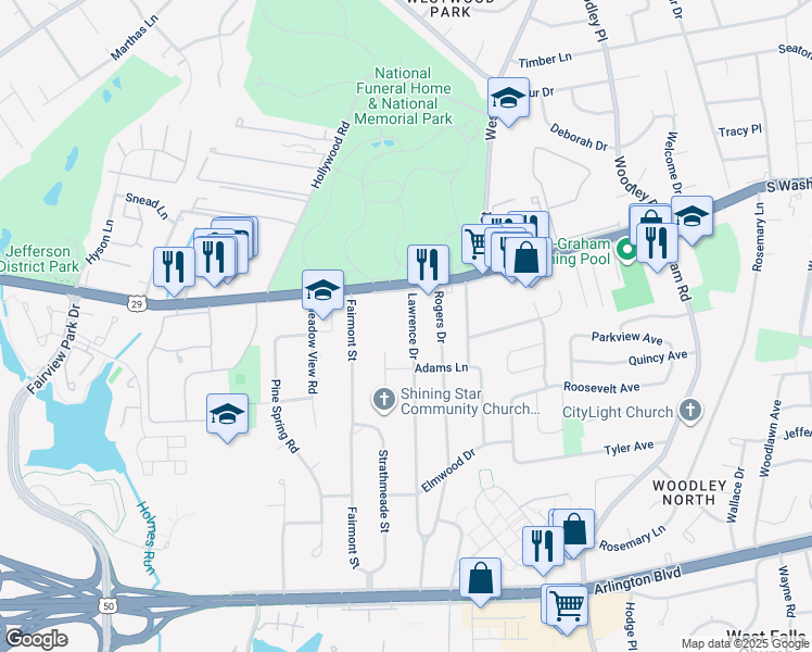 map of restaurants, bars, coffee shops, grocery stores, and more near 2850 Lawrence Drive in Falls Church