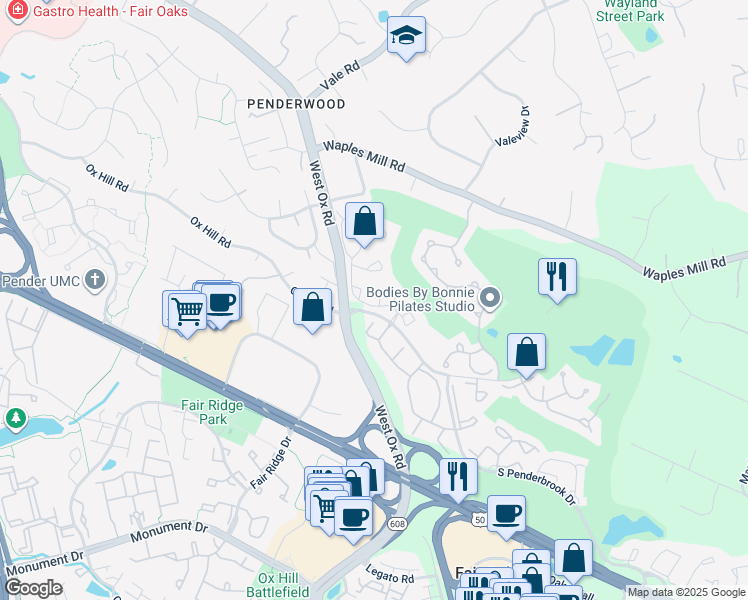 map of restaurants, bars, coffee shops, grocery stores, and more near 12116 Green Leaf Court in Fairfax