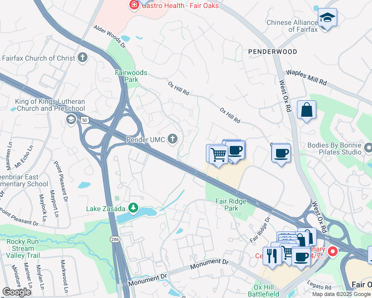 map of restaurants, bars, coffee shops, grocery stores, and more near 3963 Acorn Ridge Court in Fairfax