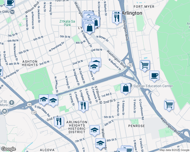 map of restaurants, bars, coffee shops, grocery stores, and more near 2807 Arlington Boulevard in Arlington