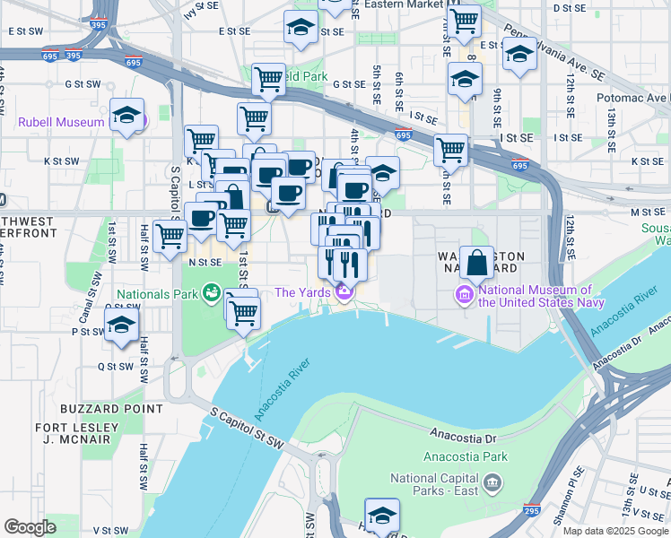 map of restaurants, bars, coffee shops, grocery stores, and more near 301 Tingey Street Southeast in Washington