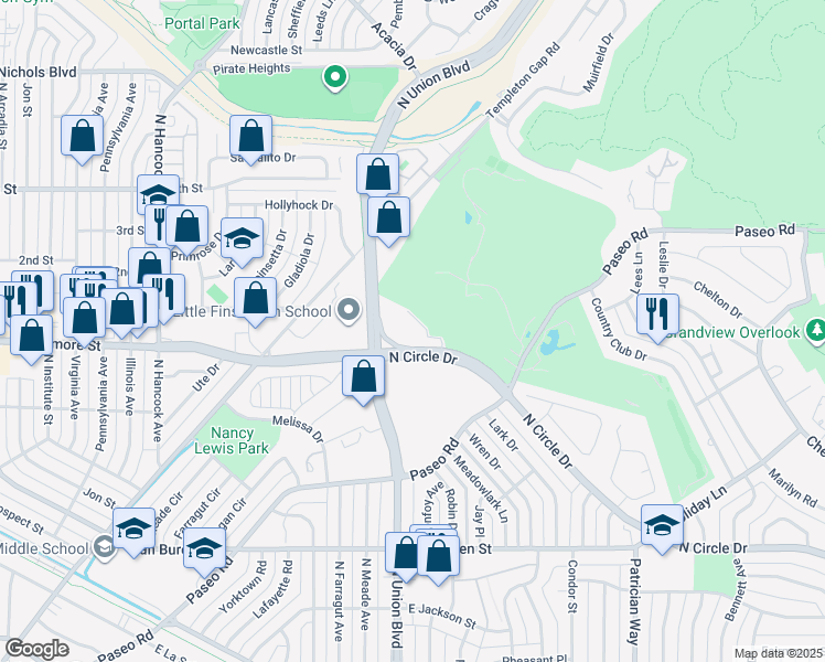 map of restaurants, bars, coffee shops, grocery stores, and more near 3027 North Circle Drive in Colorado Springs