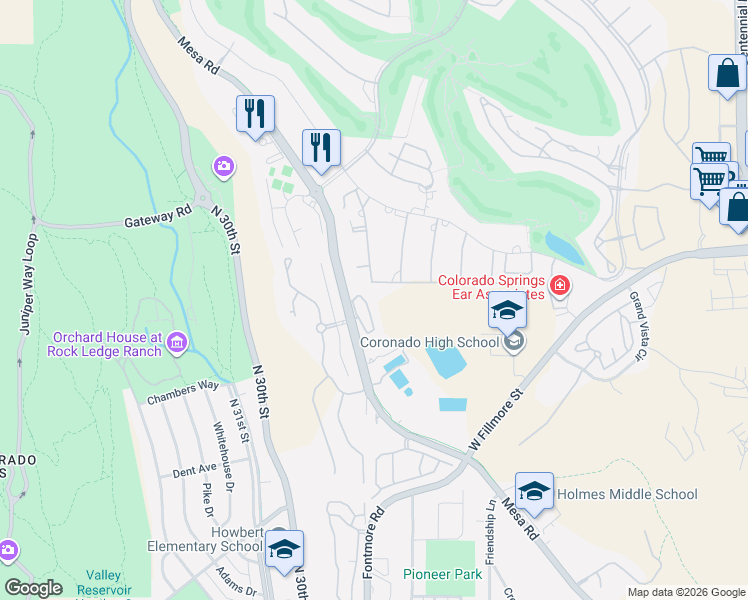 map of restaurants, bars, coffee shops, grocery stores, and more near 2945 Mesa Road in Colorado Springs