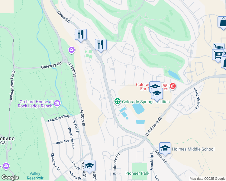 map of restaurants, bars, coffee shops, grocery stores, and more near 2945 Mesa Road in Colorado Springs