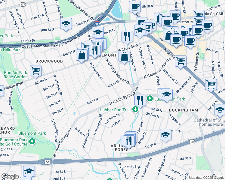 map of restaurants, bars, coffee shops, grocery stores, and more near 514 North Edison Street in Arlington