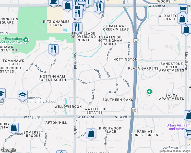 map of restaurants, bars, coffee shops, grocery stores, and more near 13831 Woodward Street in Overland Park