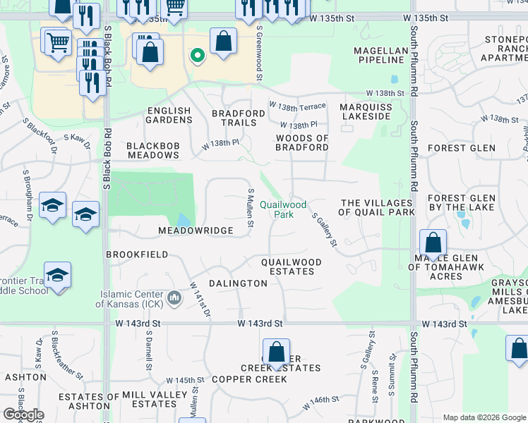 map of restaurants, bars, coffee shops, grocery stores, and more near 14083 South Mullen Street in Olathe