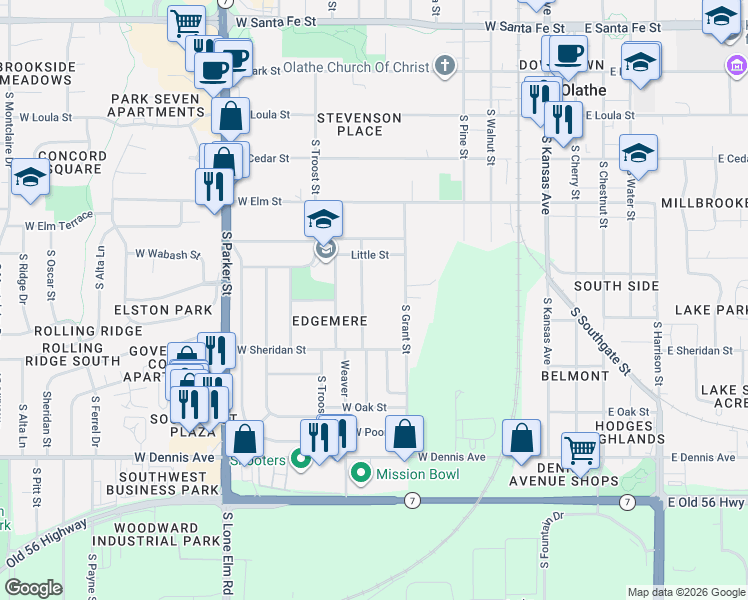 map of restaurants, bars, coffee shops, grocery stores, and more near 618 South Sherman Street in Olathe