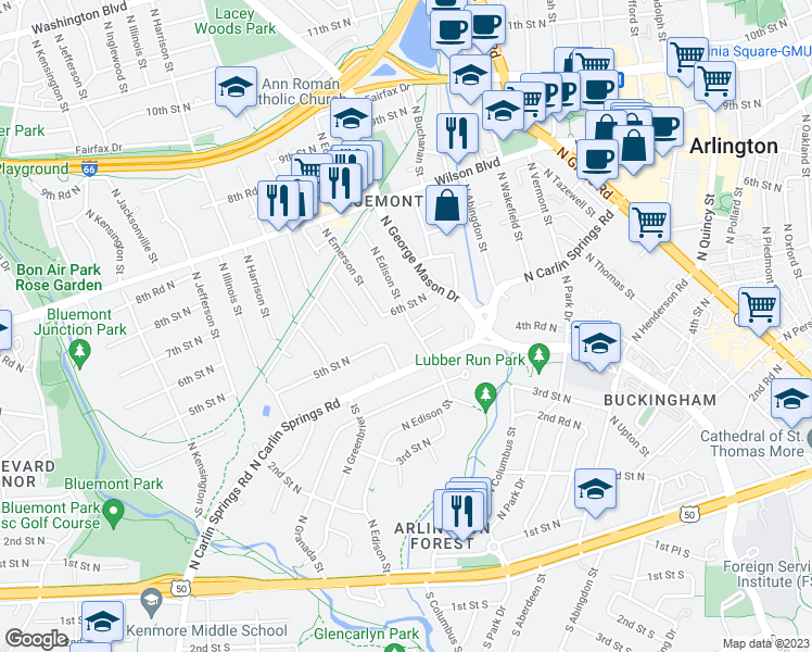 map of restaurants, bars, coffee shops, grocery stores, and more near 514 North Edison Street in Arlington