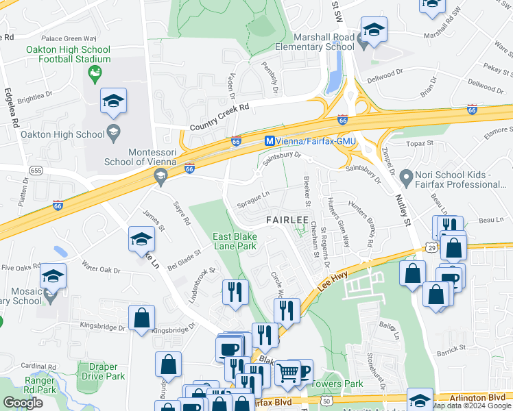 map of restaurants, bars, coffee shops, grocery stores, and more near 2948 Finsbury Place in Fairfax