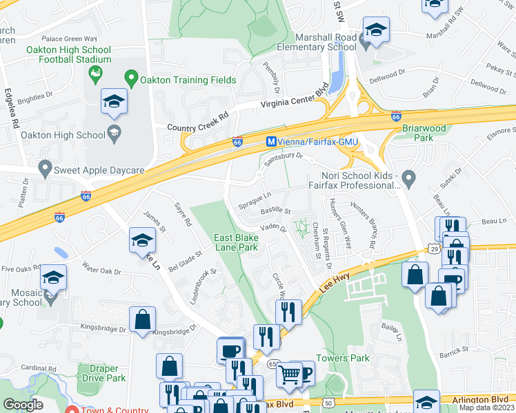 map of restaurants, bars, coffee shops, grocery stores, and more near 2948 Finsbury Place in Fairfax