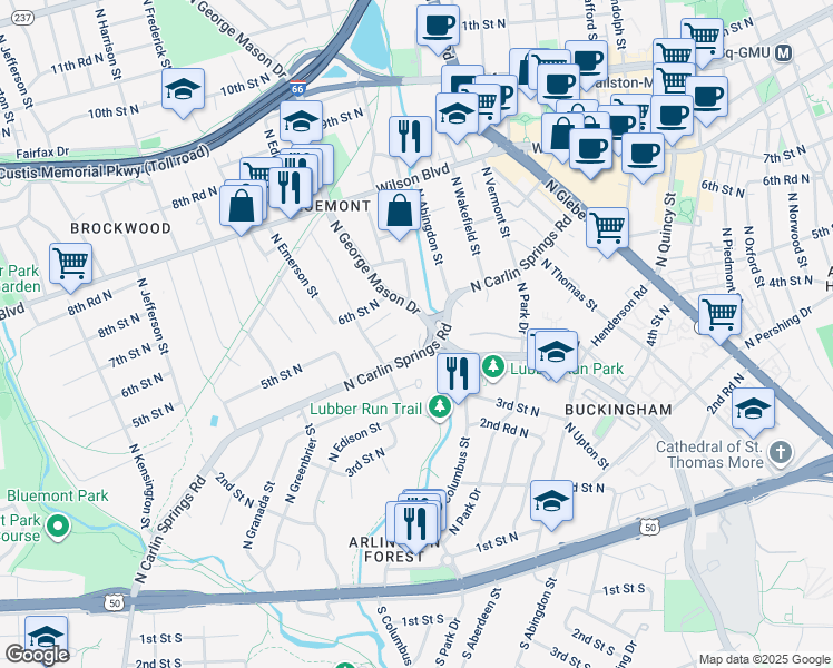 map of restaurants, bars, coffee shops, grocery stores, and more near 5011 North Carlin Springs Road in Arlington