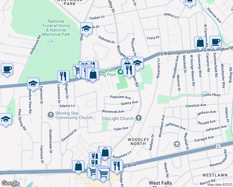 map of restaurants, bars, coffee shops, grocery stores, and more near 7206 Oakland Avenue in Falls Church