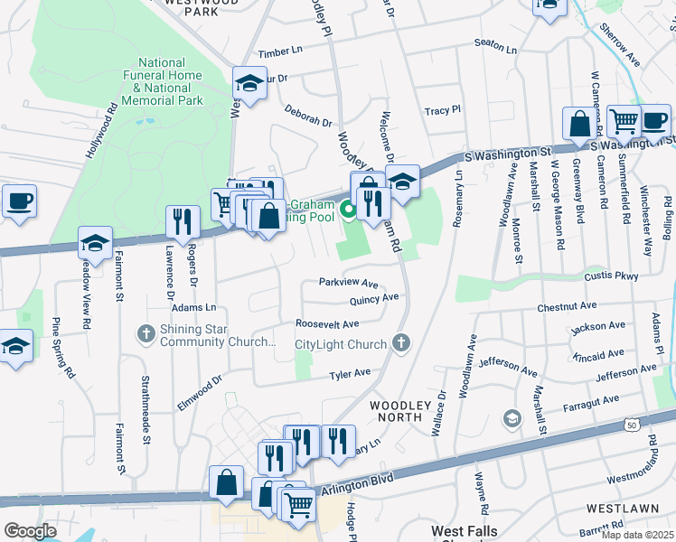 map of restaurants, bars, coffee shops, grocery stores, and more near 7206 Oakland Avenue in Falls Church