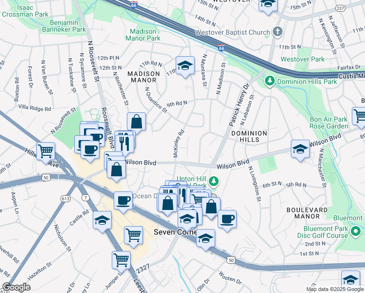 map of restaurants, bars, coffee shops, grocery stores, and more near 6407 Wilson Boulevard in Arlington