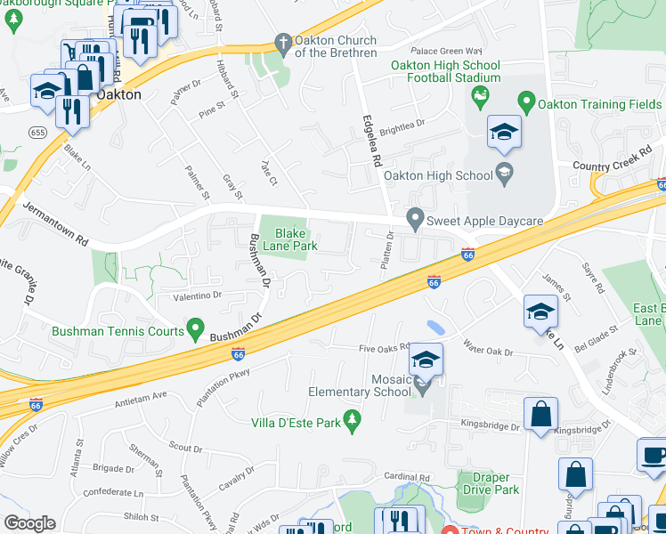 map of restaurants, bars, coffee shops, grocery stores, and more near 9978 Cyrandall Drive in Oakton