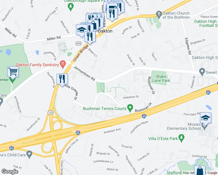 map of restaurants, bars, coffee shops, grocery stores, and more near 3031 Borge Street in Oakton