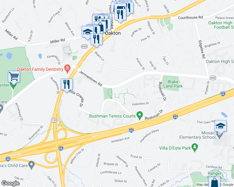 map of restaurants, bars, coffee shops, grocery stores, and more near 3031 Borge Street in Oakton