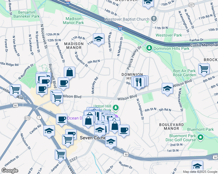 map of restaurants, bars, coffee shops, grocery stores, and more near 867 North Madison Street in Arlington