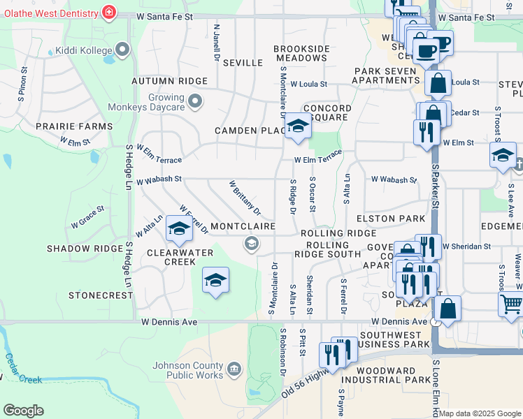 map of restaurants, bars, coffee shops, grocery stores, and more near 1616 West Brittany Drive in Olathe