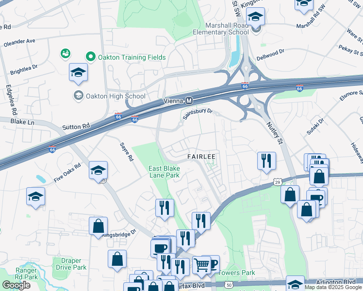 map of restaurants, bars, coffee shops, grocery stores, and more near Finsbury Place in Fairfax