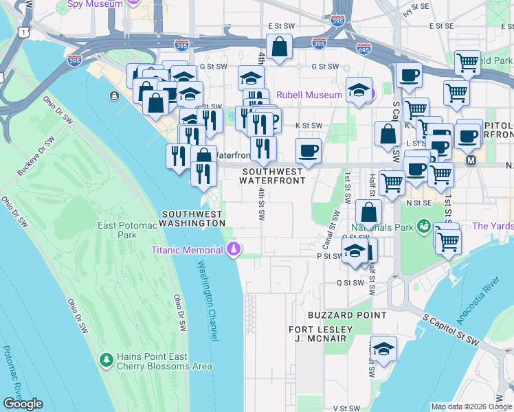 map of restaurants, bars, coffee shops, grocery stores, and more near 101 Independence Avenue Southeast in Washington