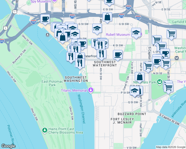 map of restaurants, bars, coffee shops, grocery stores, and more near 560 N Street Southwest in Washington
