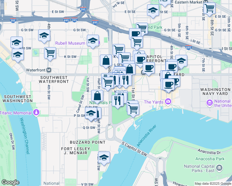 map of restaurants, bars, coffee shops, grocery stores, and more near 21 N Street Southeast in Washington