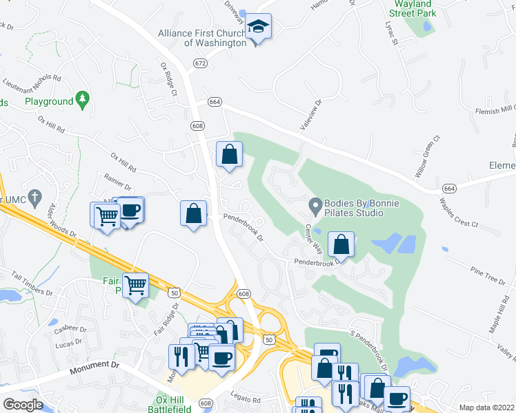 map of restaurants, bars, coffee shops, grocery stores, and more near 12101 Green Leaf Court in Fairfax