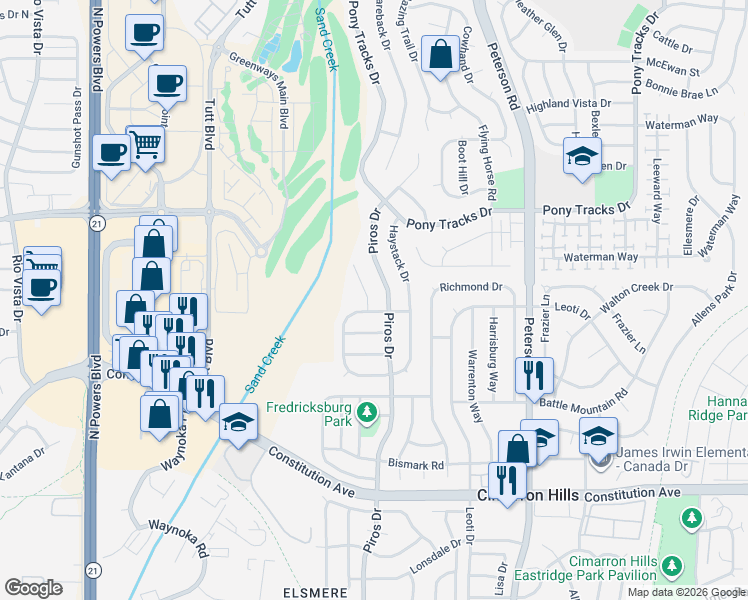 map of restaurants, bars, coffee shops, grocery stores, and more near 1118-1070 Piros Drive in Colorado Springs